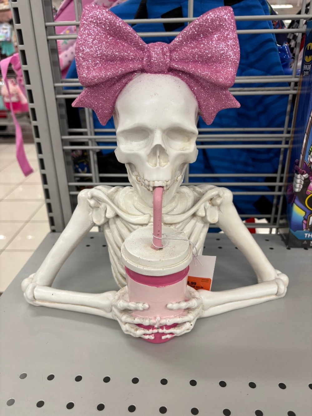Pink Glitter Bow Skeleton Drinking Cup Figurine 12” Coquette Halloween Decor